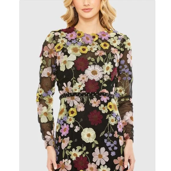 MAC DUGGAL Embroidered Applique High Neck Long Sleeve Maxi dress
